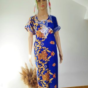 Gandoura Marocaine Traditionnelle pour Femme - Bleue à Motif