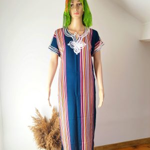 Gandoura Marocaine Traditionnelle pour Femme - Bleue à Motif Multicolore Vertical