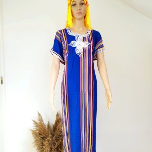 Gandoura Marocaine Traditionnelle pour Femme - Bleu Roi à Motifs Verticaux
